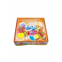 box orange avec des bonbons graphiques sur le dessus et le slogan "retrouvez les saveurs des années 80".