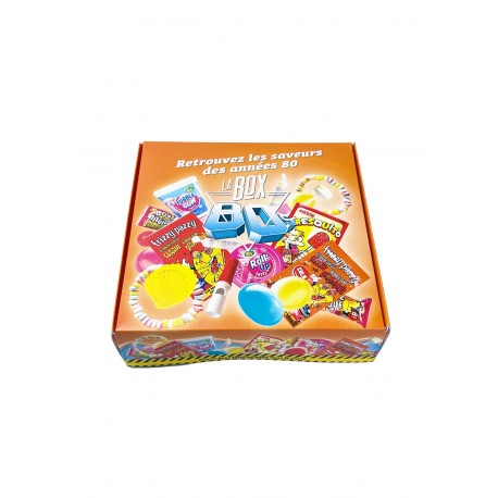 box orange avec des bonbons graphiques sur le dessus et le slogan "retrouvez les saveurs des années 80".