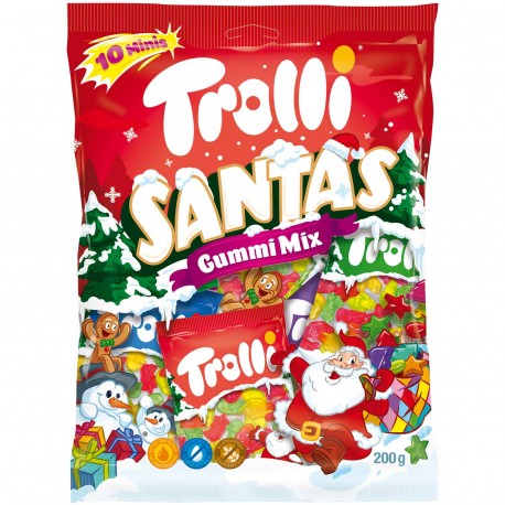 Trolli Santa's Gummi Mix, décorés rouge avec des sapins enneigés. Le sachets contiens des petits sachets