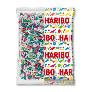 Gros conditionnement sachet de carensac haribo, qui sont des petits dragées multicolores au goût de réglsise