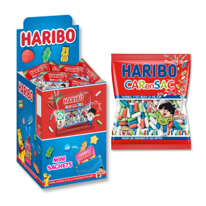 Boite présentoirs de sachet de carensac haribo, qui sont de petits dragées multicolores au goût de réglisse