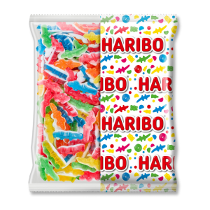 Gros conditionnement de bonbon gélatine haribo multicolores et blanc en forme de crocodile