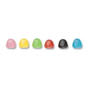 Dragibus de chez Haribo individuel, de couleurs rose, jaune, vert, rouge, noir et bleu