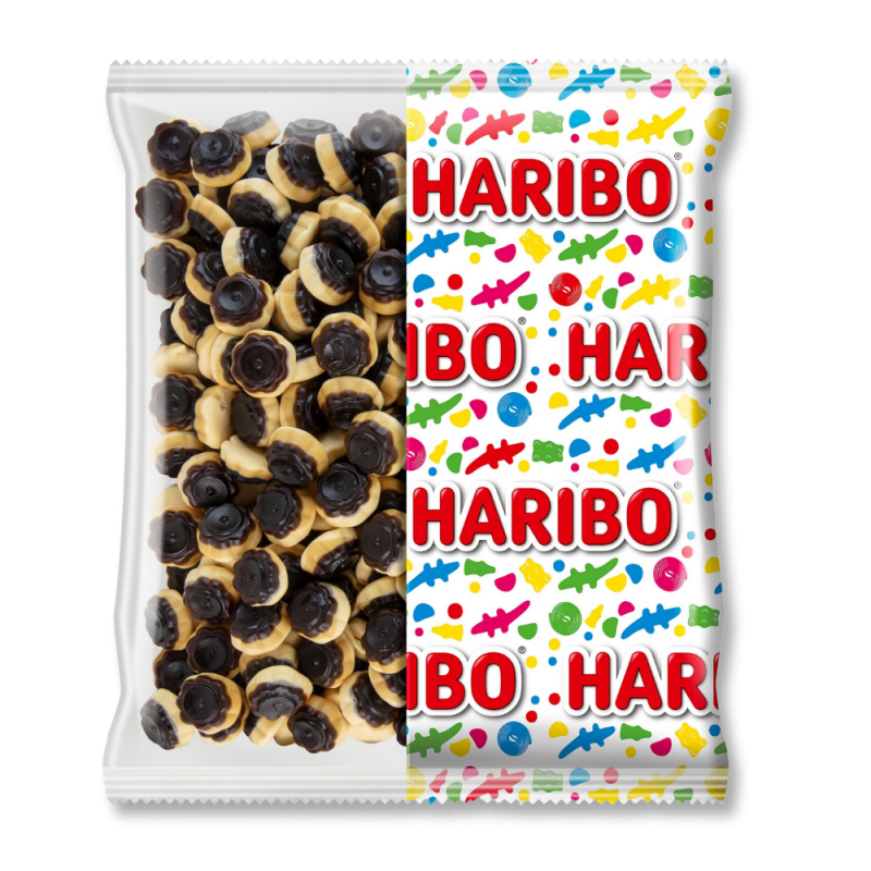 Gros conditionnement sachet de flanbolo caramel de chez Haribo, marron et beige