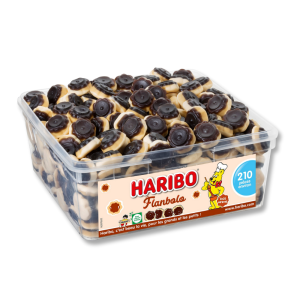 Boite tubo de flanbolo caramel de chez Haribo, marron et beige