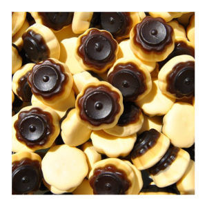 Vrac de flanbolo caramel de chez Haribo, marron et beige