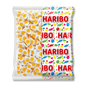 Gros conditionnement de sachet d'œufs au plat de chez Haribo de couleur jaune et blanc.