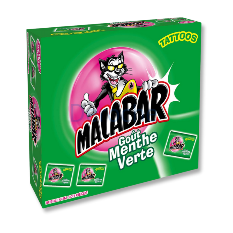 Boite verte de malabar à la menthe qui sont des chewing-gum à la menthe avec un tatouage dans l'emballage