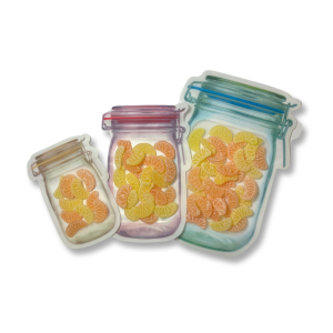 sachet en forme de bocaux, refermable, jaune, rouge et bleu de différentes tailles