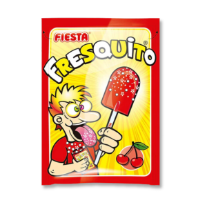 Sachet de fresquito qui est une sucette en forme de doigt à tremper dans une poudre acidulé à la cérise