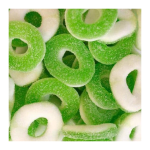 Vrac de rondelles pommes trolli qui sont des bonbons gélifiés et sucrés en forme de rondelles vertes à la pomme