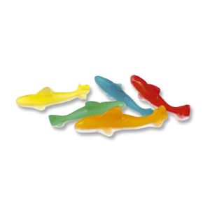 Bonbon en gélatine en forme de requins de chez fini de couleurs orange, vert, jaune, bleu et rouge
