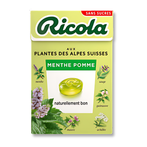 Boite cartonnée de ricolat menthe pomme qui sont des bonbons à sucé aux plantes