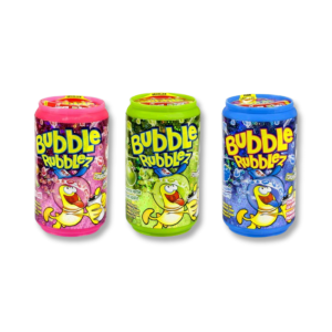 Canettes de bubble rubblez rose, verte et bleu qui sont des petites de bubble gum