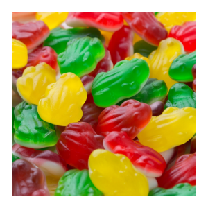 Vrac de jelly frogs de chez fini qui sont des grenouille gélifiés jaunes vertes et rouges