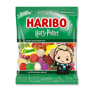 Sachet vert haribo en collaboration avec Harry potter, avec le dessin de draco malfoy