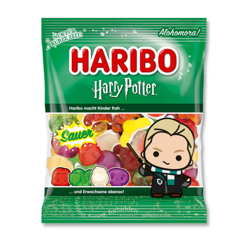 Sachet vert haribo en collaboration avec Harry potter, avec le dessin de draco malfoy