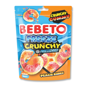 Emballage Bebeto bleu et orange pour les bonbons lyophilisés à la pêche
