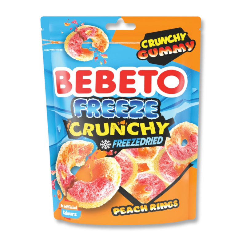 Emballage Bebeto bleu et orange pour les bonbons lyophilisés à la pêche