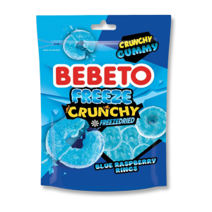 Emballage bleu de la marque bebeto pour led bonbons lyophilisés blue rings à la framboise
