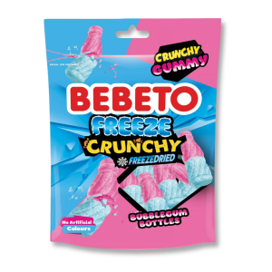 Emballage bleu et rose pour les bonbons bouteilles freeze crunchy de l marque bebeto
