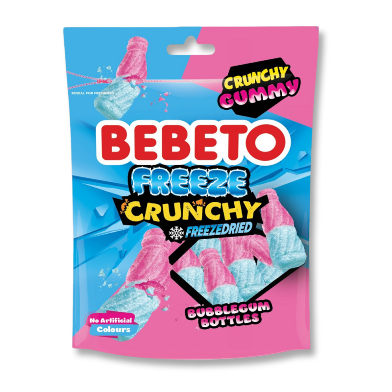 Emballage bleu et rose pour les bonbons bouteilles freeze crunchy de l marque bebeto