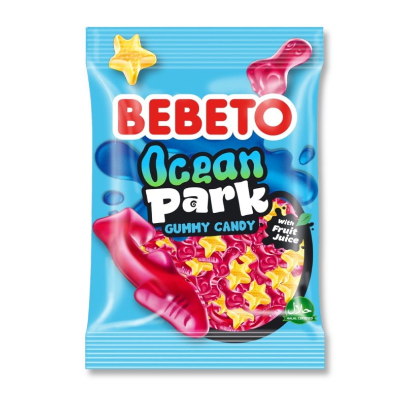 Emballage bleu clair pour les bonbons Ocean Park en forme de poisson de la marque Bebeto.