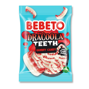 Emballage bleu des bonbons dents de vampire de chez Bebeto