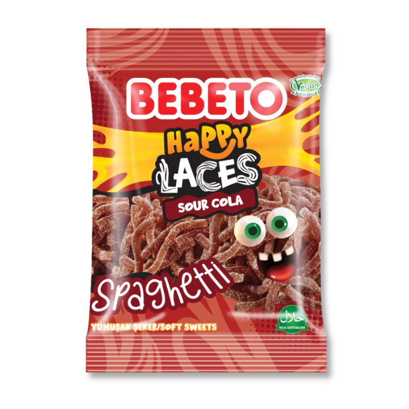 Bonbons filaires au goût cola acidulé de la marque Bebeto.