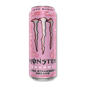 Canette rose de la marque Monster, goût fraise.