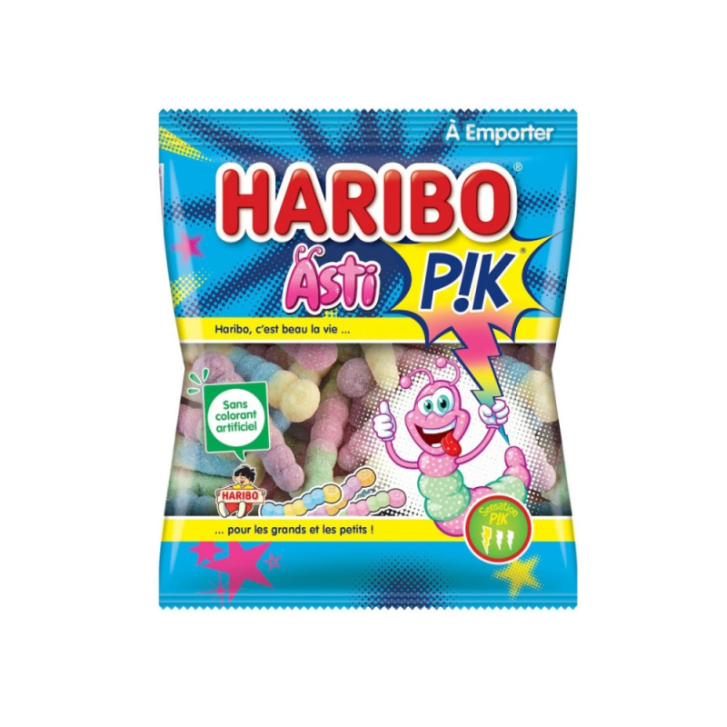 Sachet bleu de chenilles acidulés de chez Haribo de 100g qui sont des bonbons acidulés