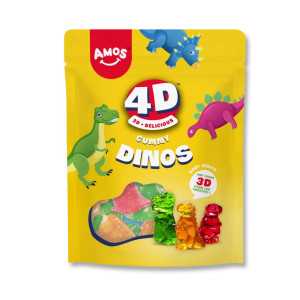 Sachet de 120g de la marque Amos qui contient des bonbon 4D en forme de dinos
