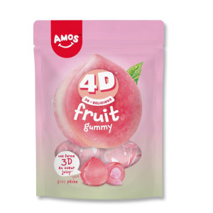 sachet de 120g de la marque amos qui contient des bonbon saveur et visuel pêche