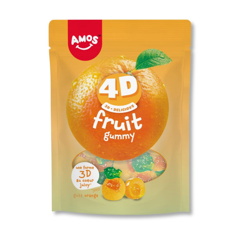 sachet de 120g orange de la marque Amos contient des bonbons gout et couleur orange