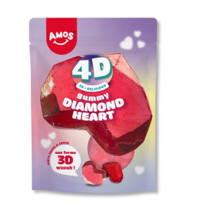 Sachet de la marque Amos qui contient 120g de bonbon en forme de coeur rouge