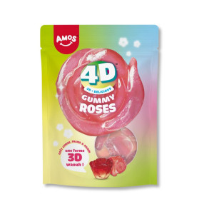 sachet de la marque Amos qui contient 120g de bonbons en forme de fleurs