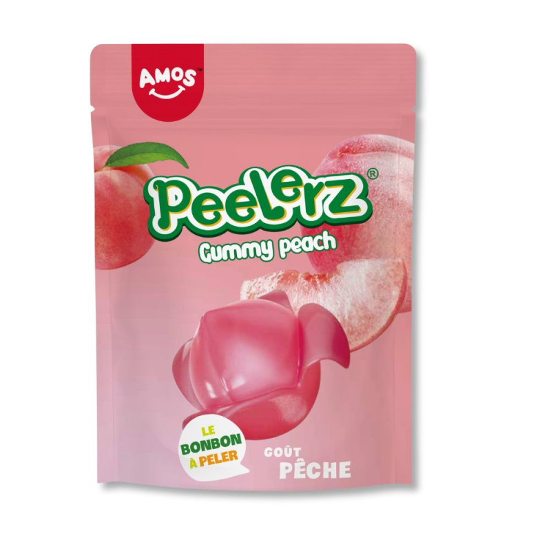 Sachet de bonbon à peler à la pêche de la marque Amos il et rose avec des illustration de pêche