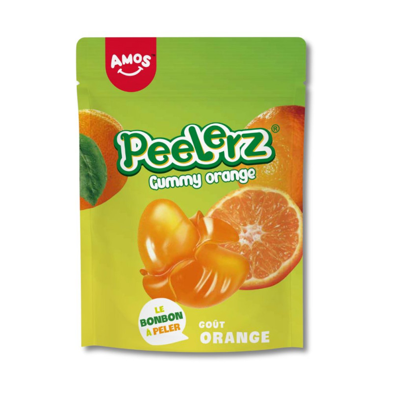 Sachet Amos vert et orange qui contient 120g de bonbons à éplucher à l'orange