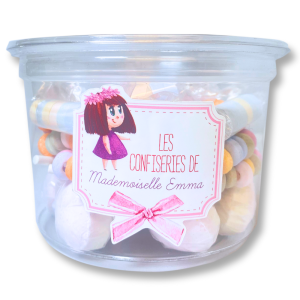 Pot transparent avec des bonbons dextrose : colliers de bonbons, sucettes